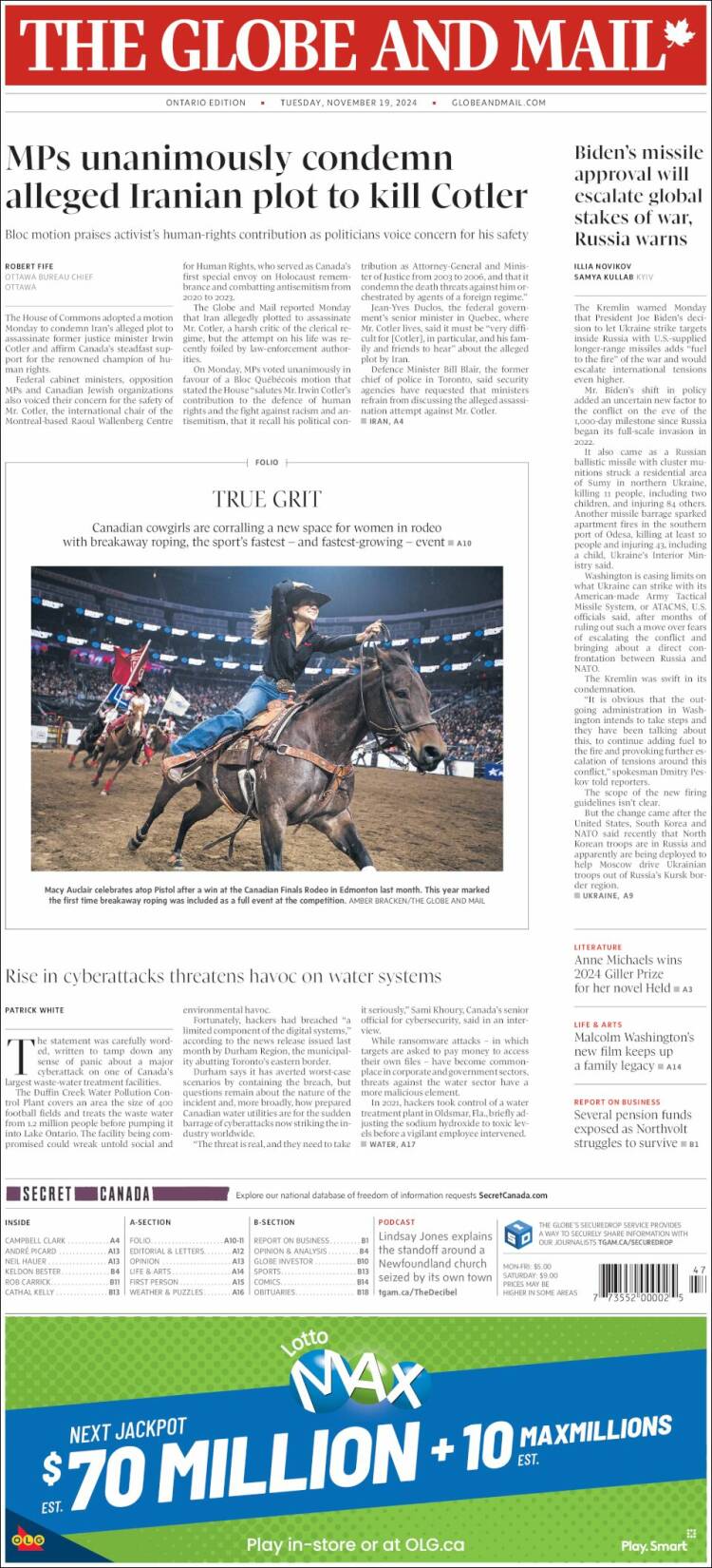 Portada de The Globe and Mail (Canadá)