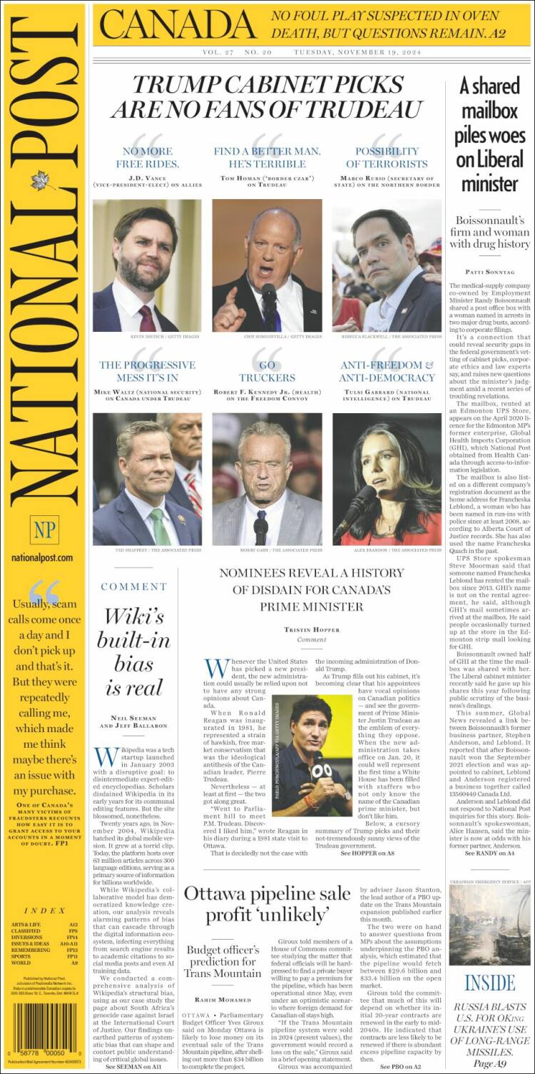 Portada de The National Post (Canadá)