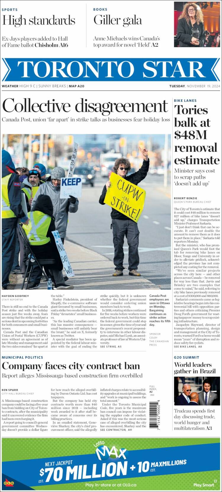 Portada de The Toronto Star (Canadá)