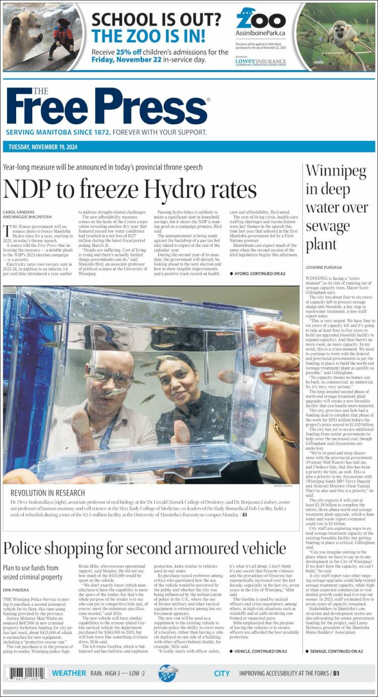 Portada de Winnipeg Free Press (Canadá)