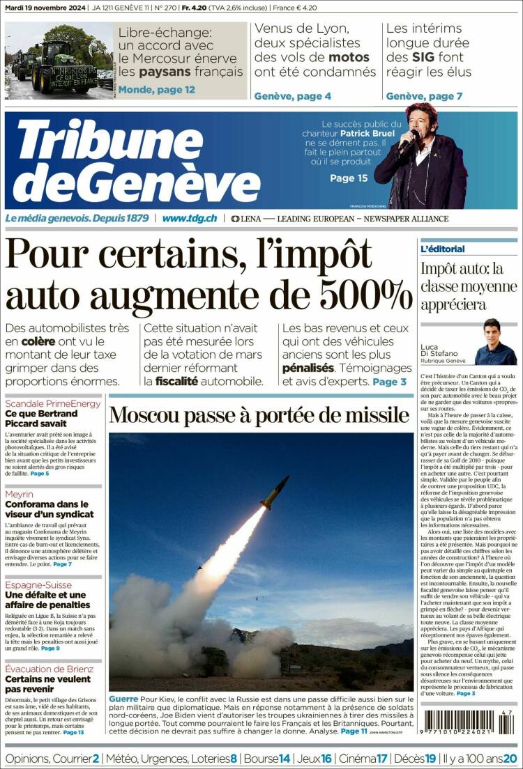 Portada de La Tribune de Genève (Suiza)