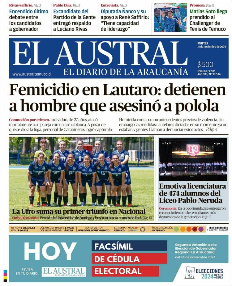 Portada de El Austral de Temuco (Chile)