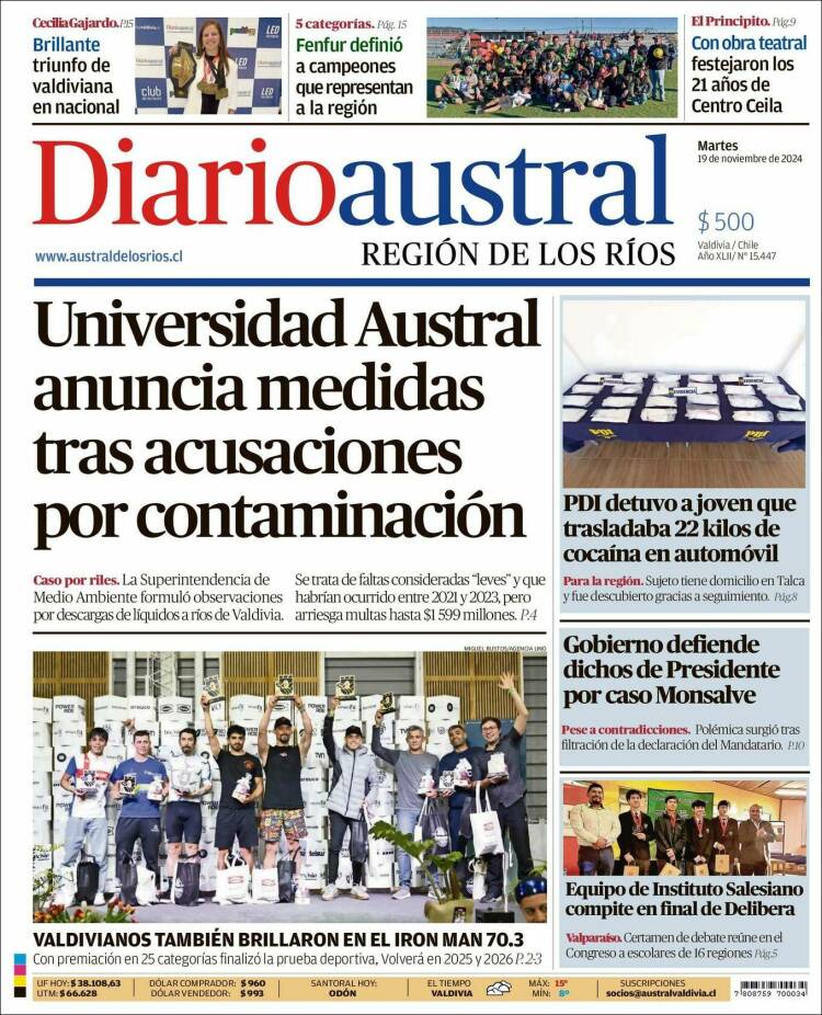 Portada de El Diario Austral de Valdivia (Chile)