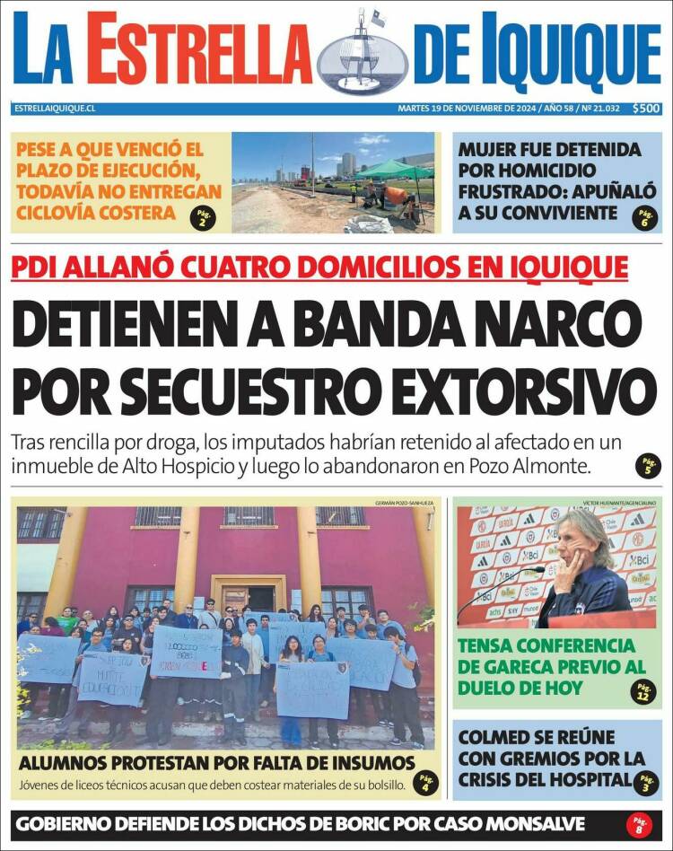 Portada de La Estrella de Iquique (Chile)