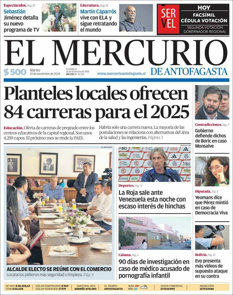 Portada de El Mercurio de Antofagasta (Chile)