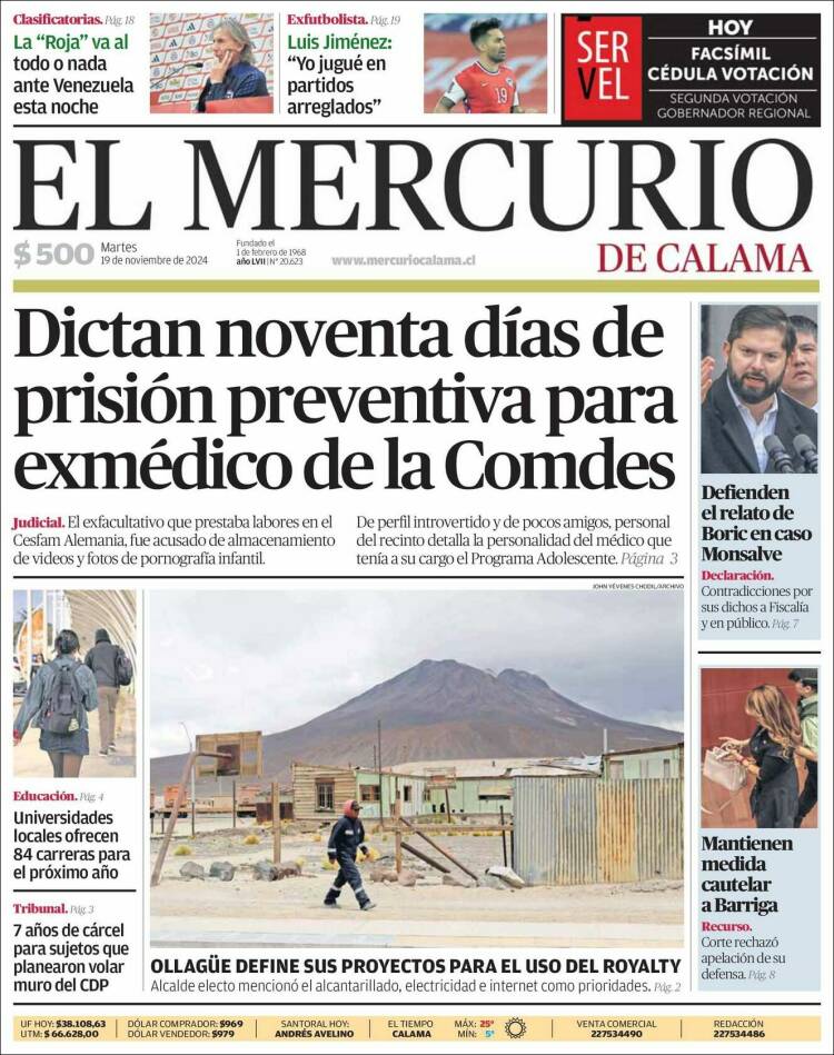 Portada de El Mercurio - Calama (Chile)