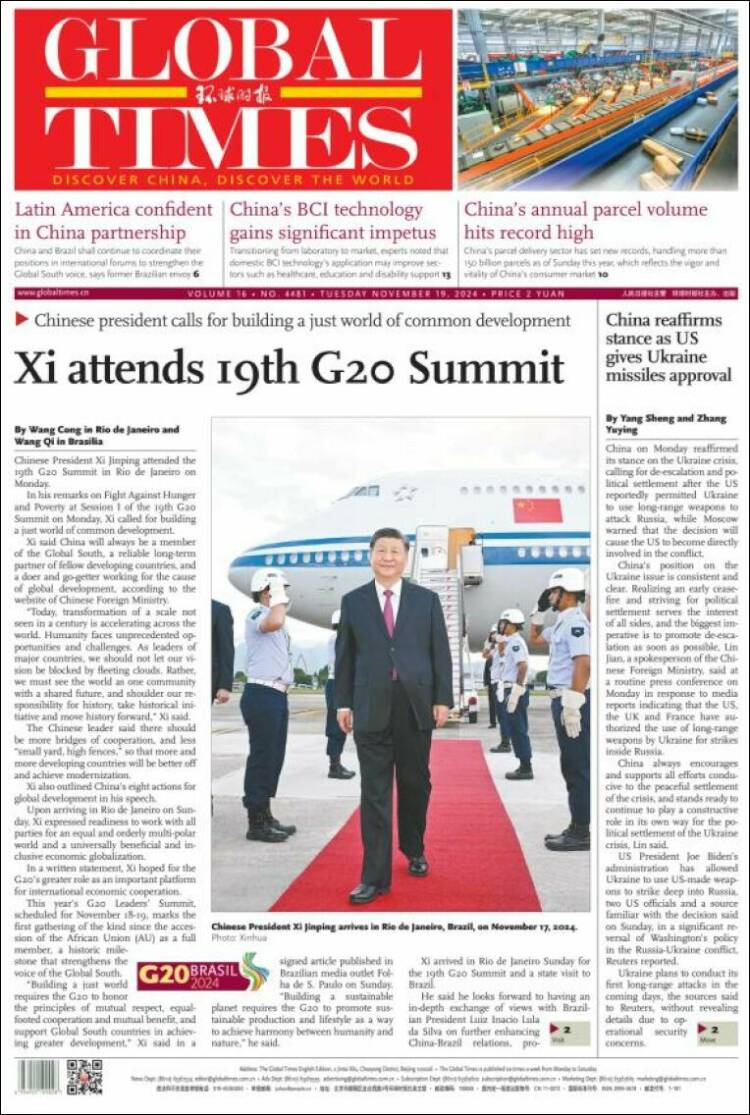 Portada de The Global Times (China)