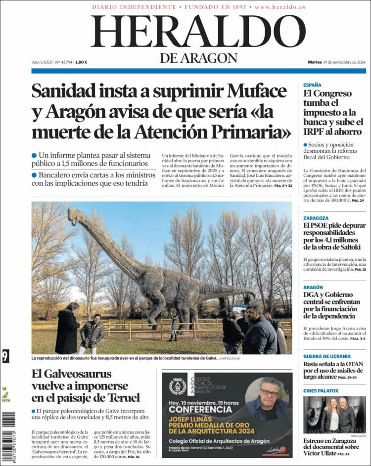 Portada de Heraldo de Aragón (España)