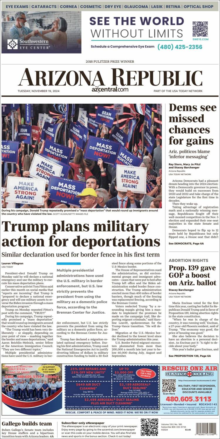Portada de Arizona Republic News (USA)