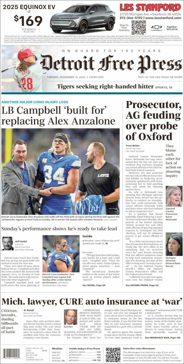 Portada de Detroit Free Press (USA)