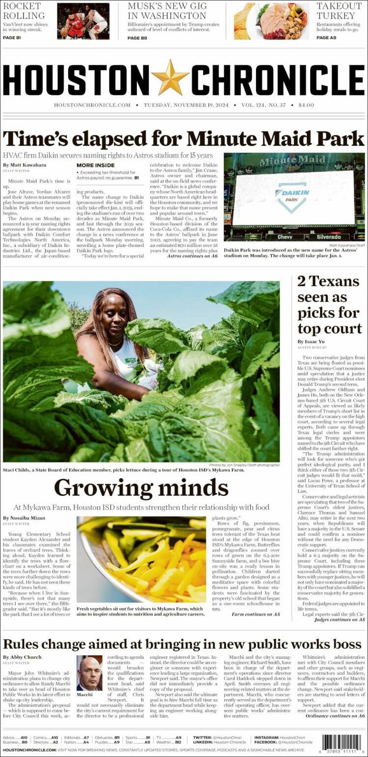 Portada de Houston Chronicle (USA)
