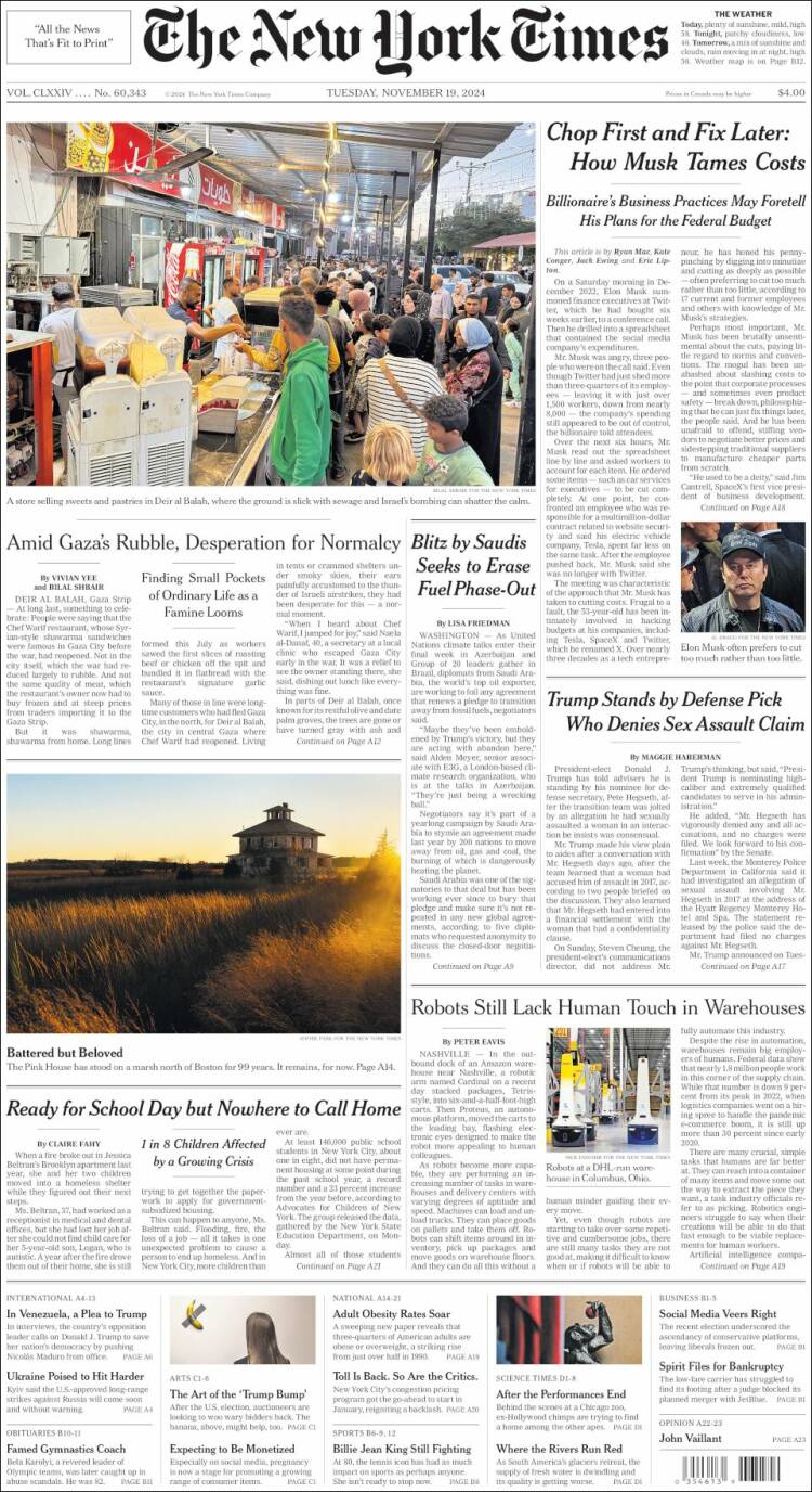 Portada de New York Times (USA)