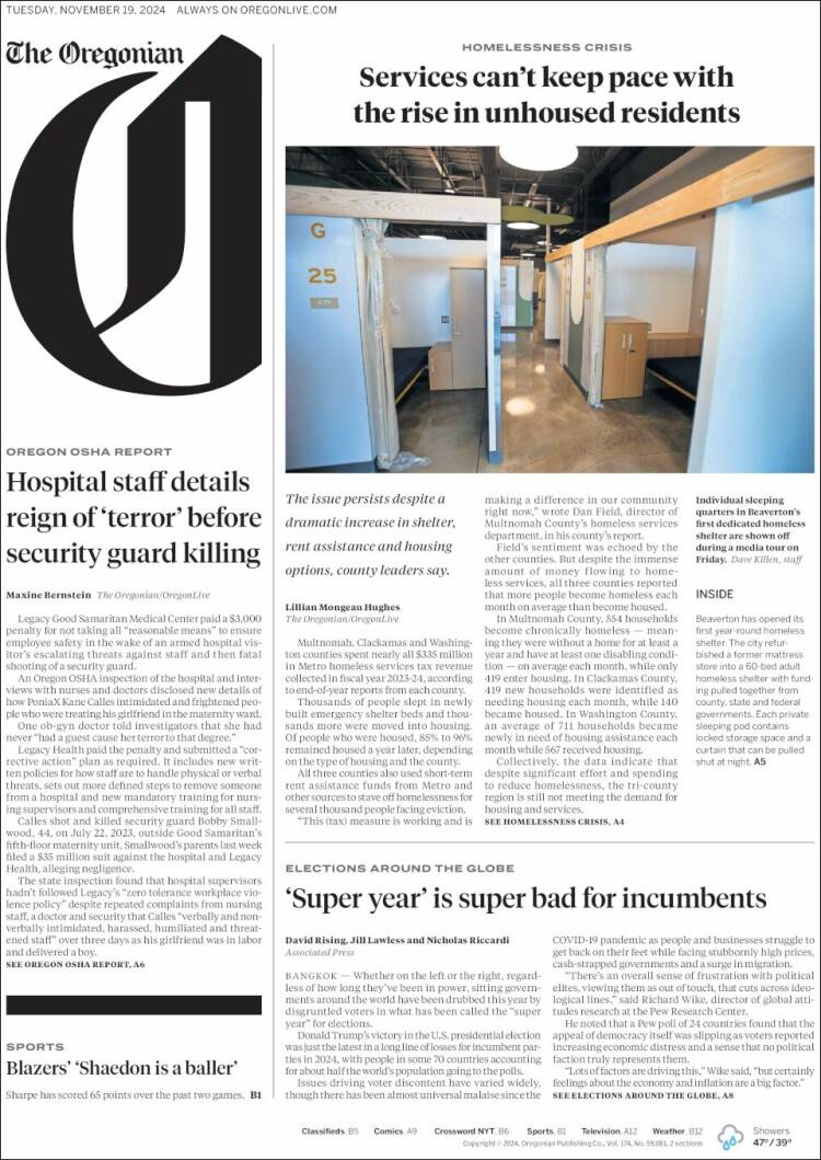 Portada de The Oregonian (USA)