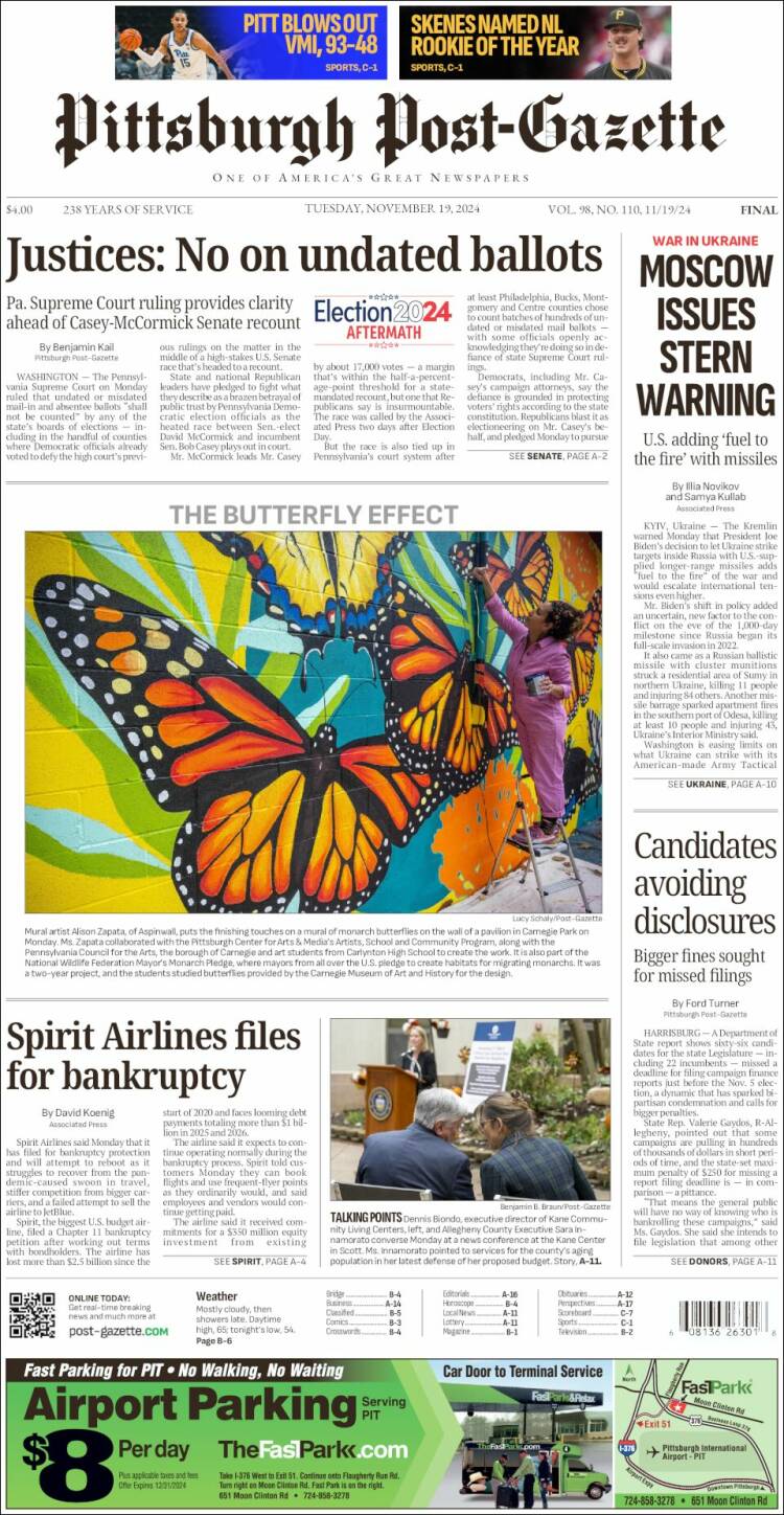 Portada de Pittsburgh Post-Gazette (USA)