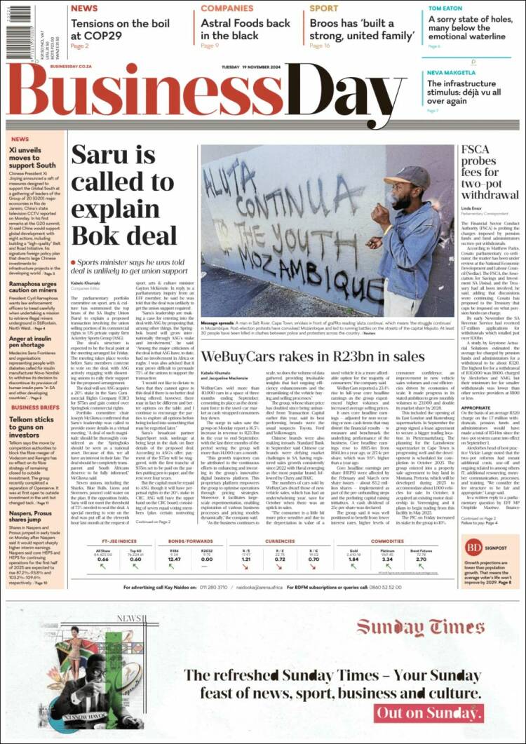 Portada de Business Day (Sud&aacute;frica)