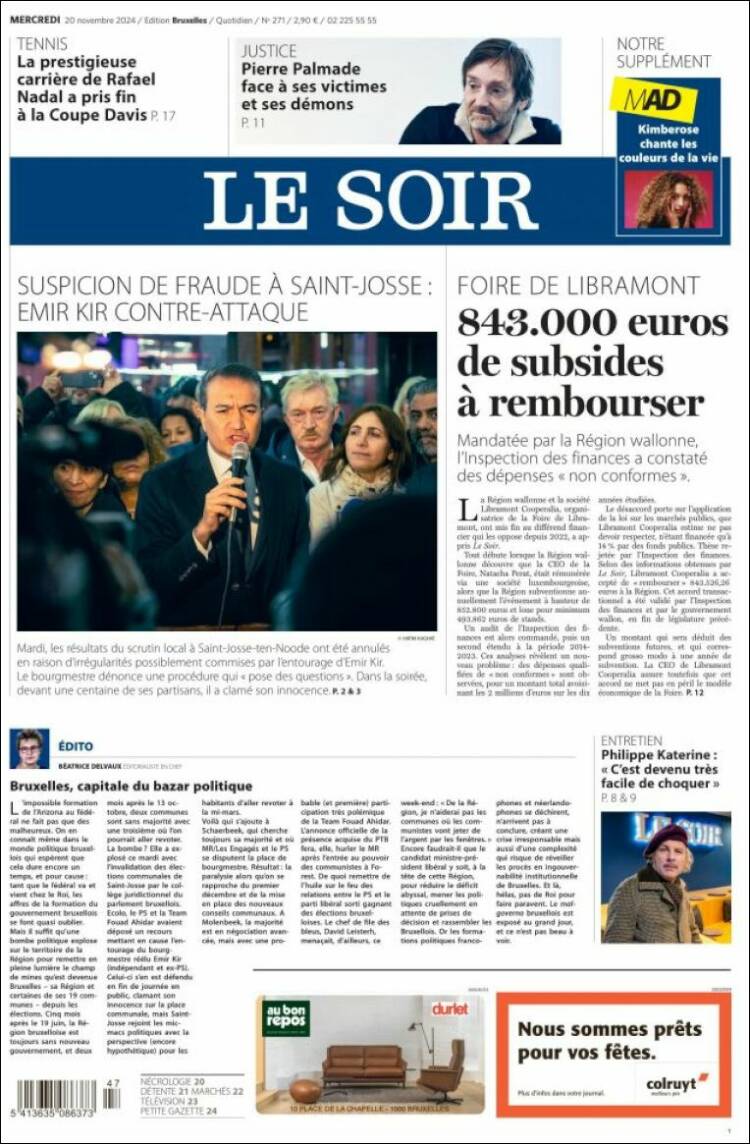 Portada de Le Soir (B&eacute;lgica)