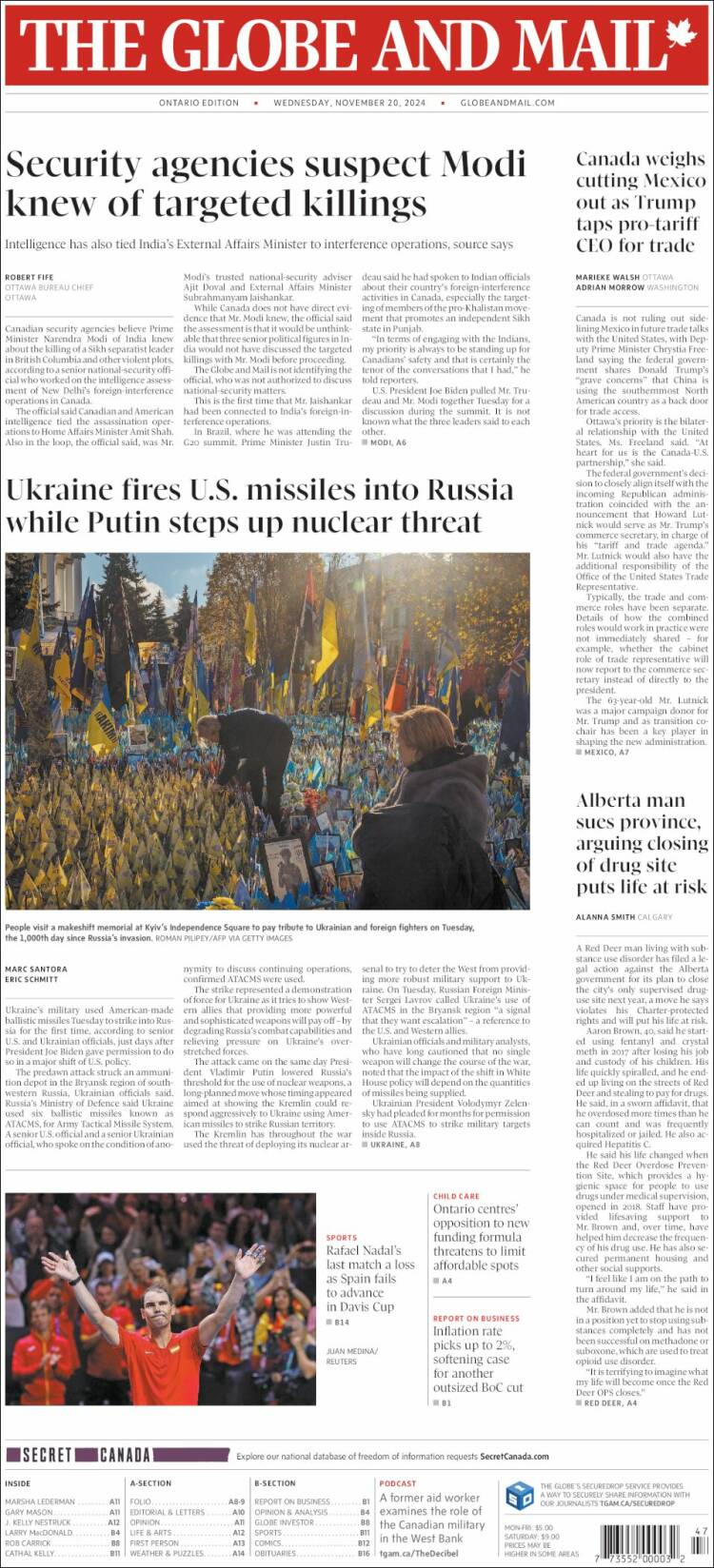 Portada de The Globe and Mail (Canadá)