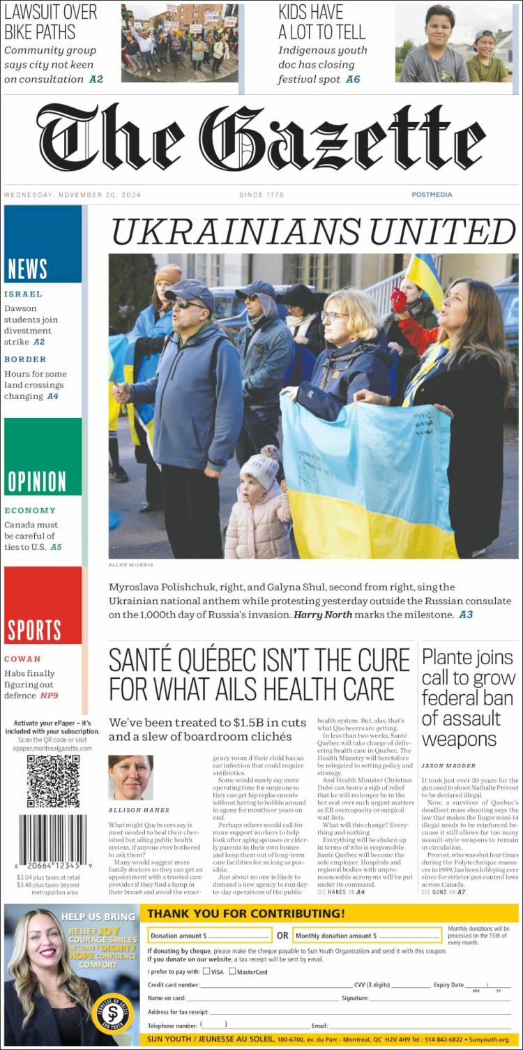 Portada de The Gazette (Canadá)