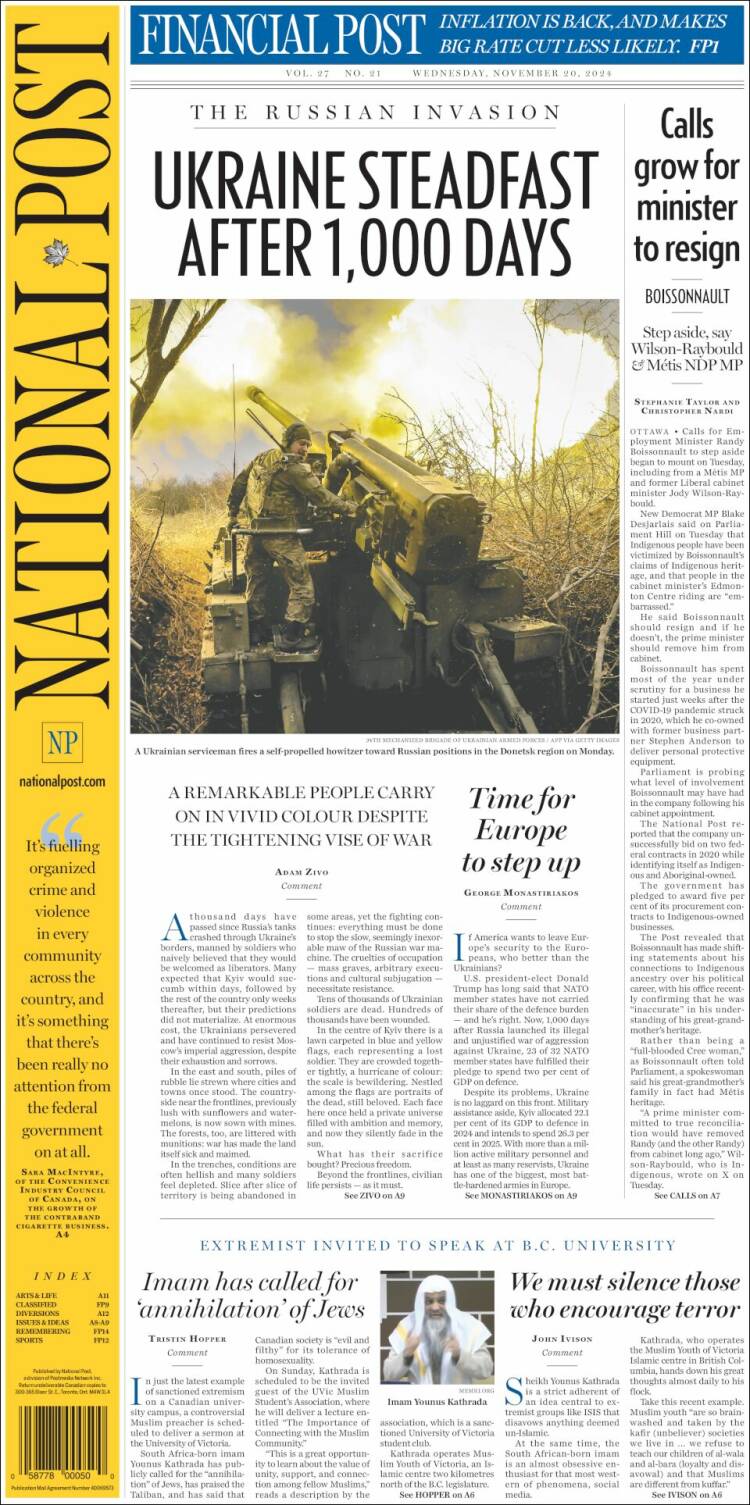 Portada de The National Post (Canada)