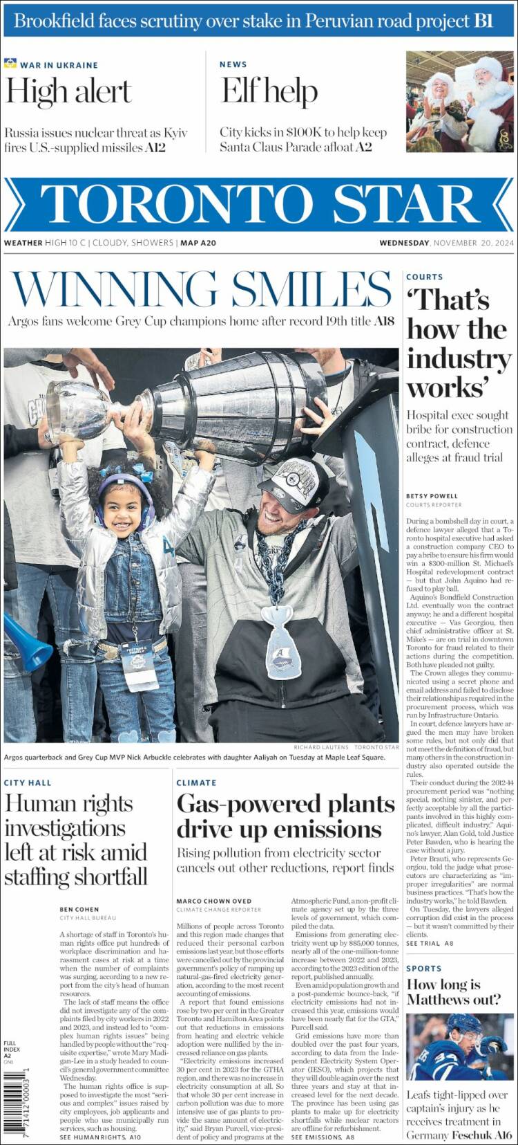 Portada de The Toronto Star (Canadá)