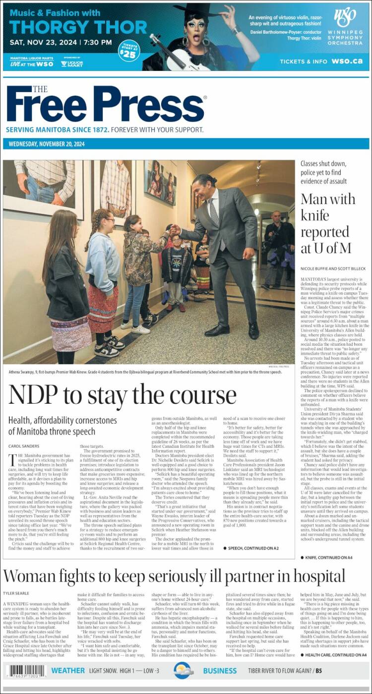 Portada de Winnipeg Free Press (Canadá)
