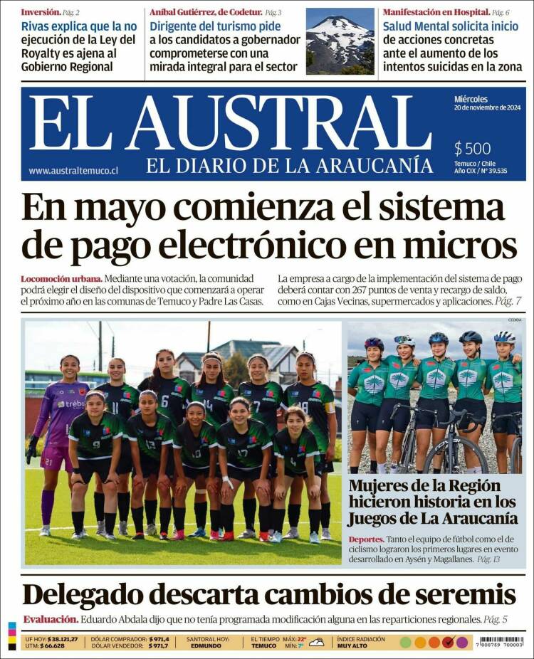 Portada de El Austral de Temuco (Chile)