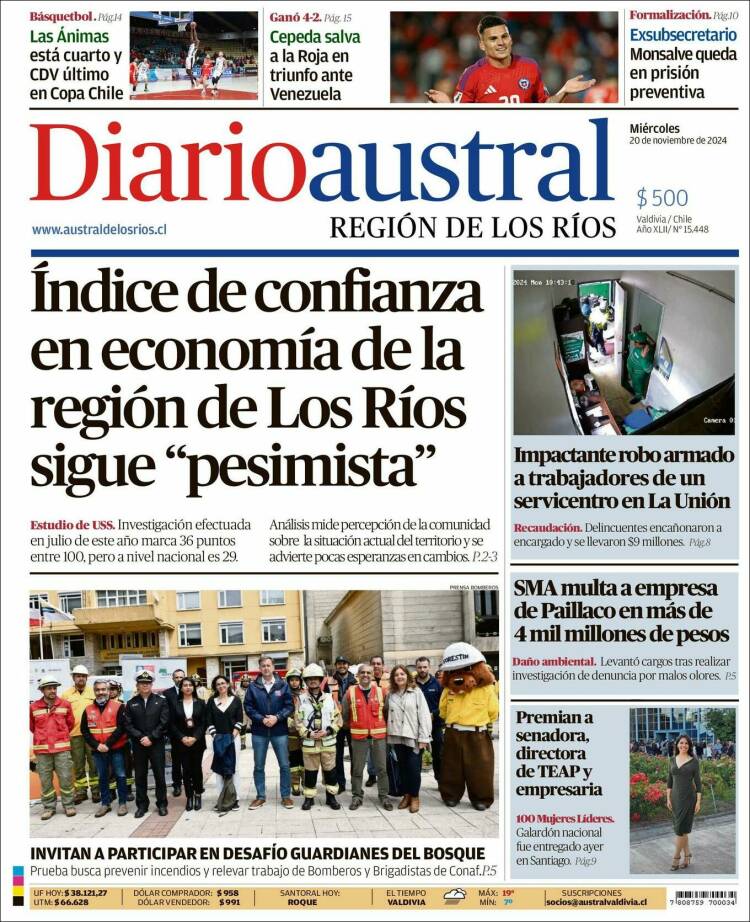 Portada de El Diario Austral de Valdivia (Chile)