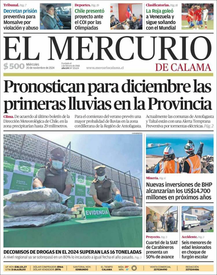 Portada de El Mercurio - Calama (Chile)
