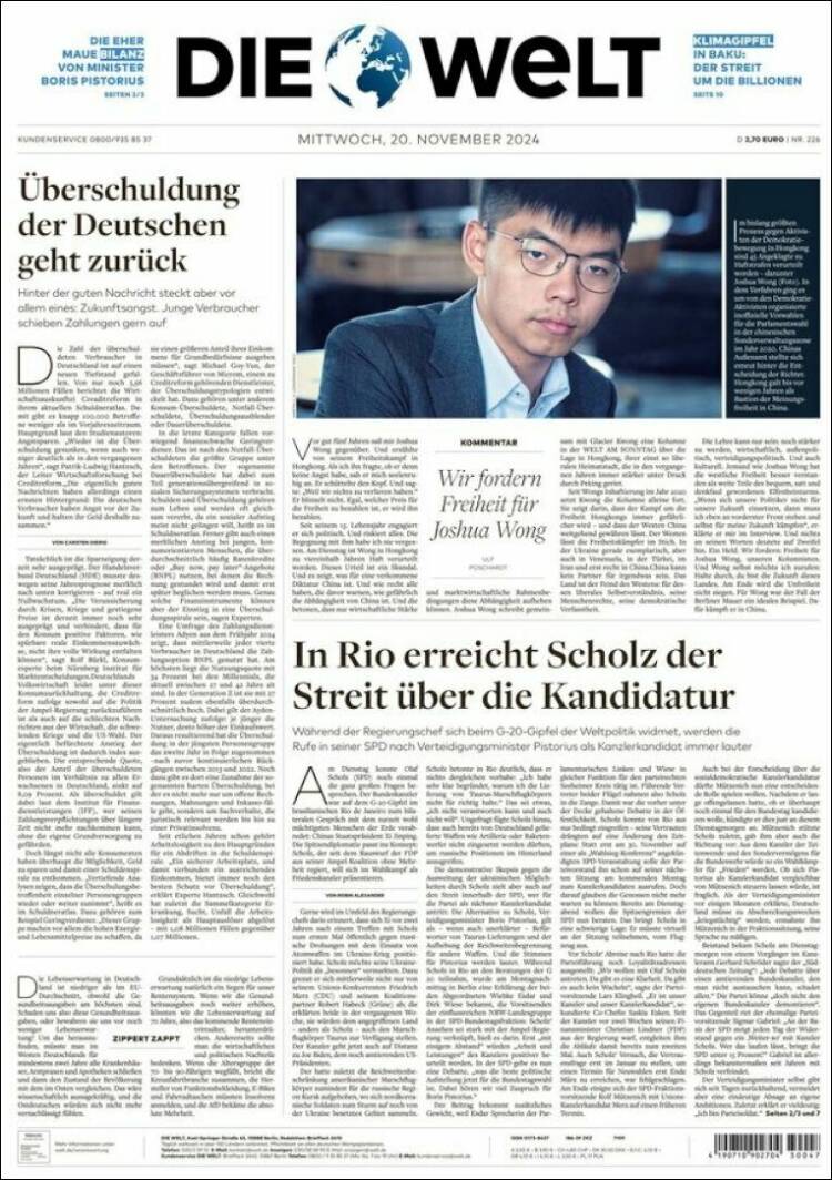 Portada de Die Welt (Alemania)