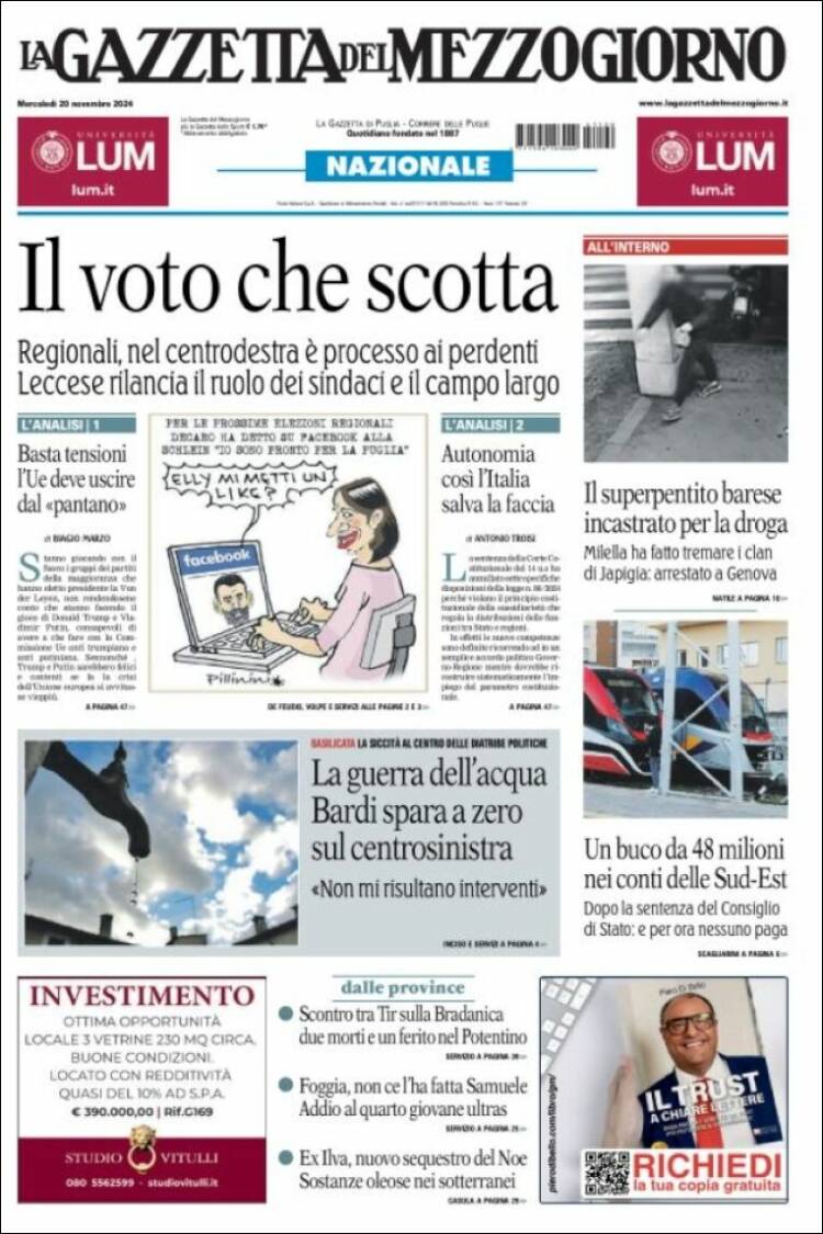 Portada de La Gazzetta del Mezzogiorno (Italia)