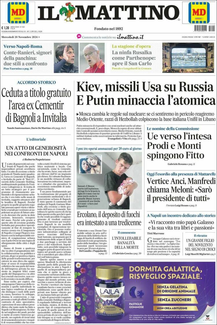 Portada de Il Mattino (Italia)