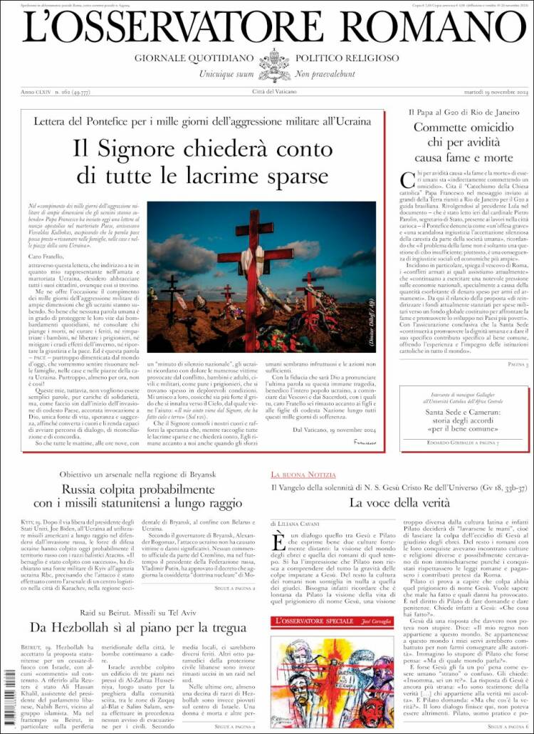 Portada de L'Osservatore Romano (Italia)