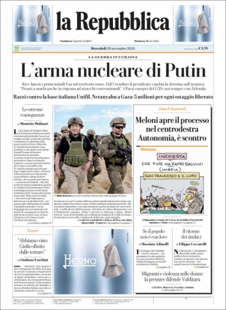 Portada de La Repubblica (Italia)