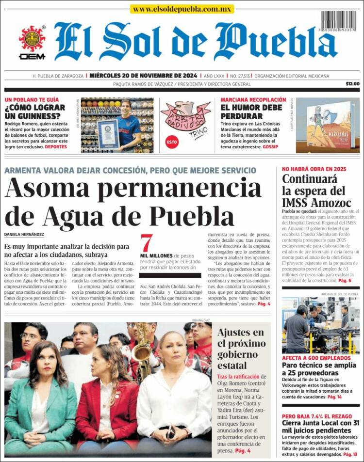 Portada de El Sol de Puebla (M&eacute;xico)