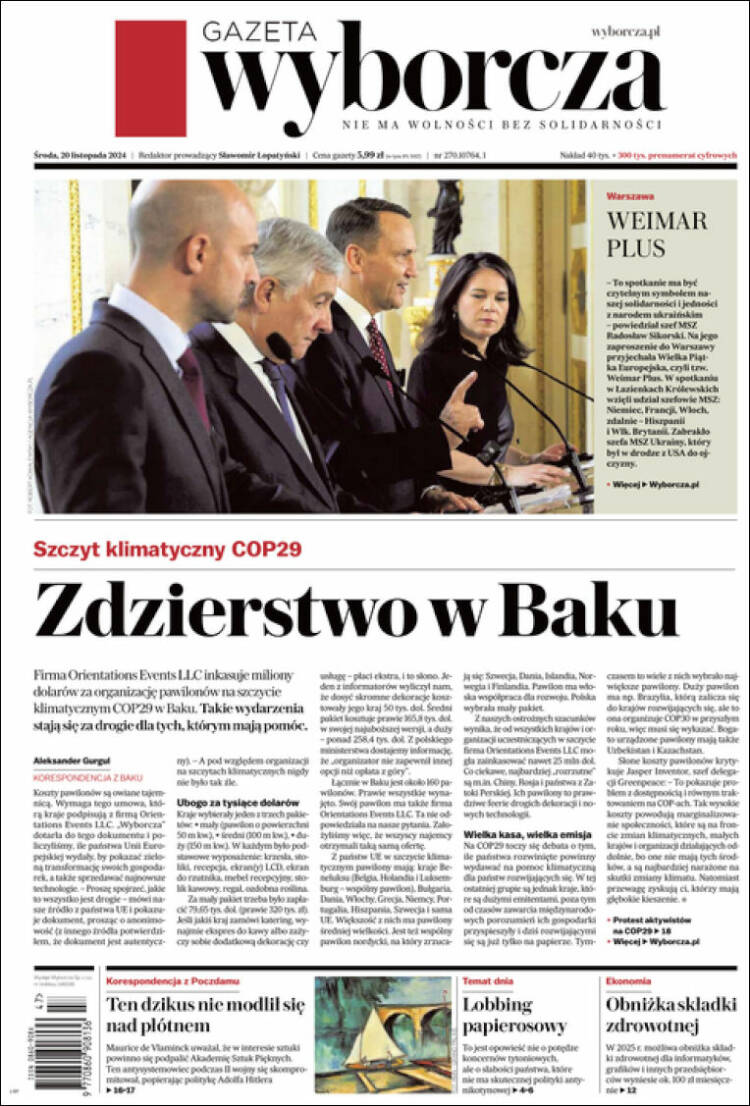 Portada de Gazeta Wyborcza (Polonia)