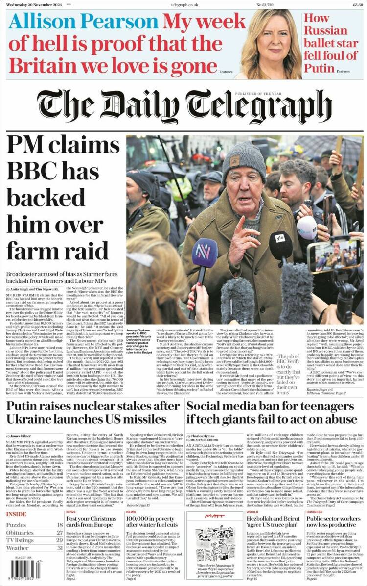 Portada de Daily Telegraph (Reino Unido)