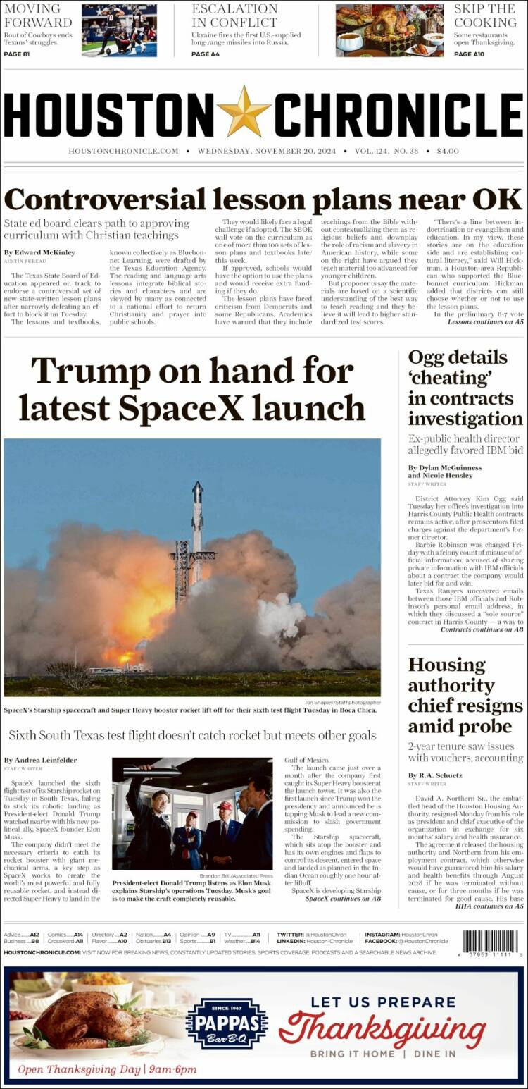 Portada de Houston Chronicle (USA)