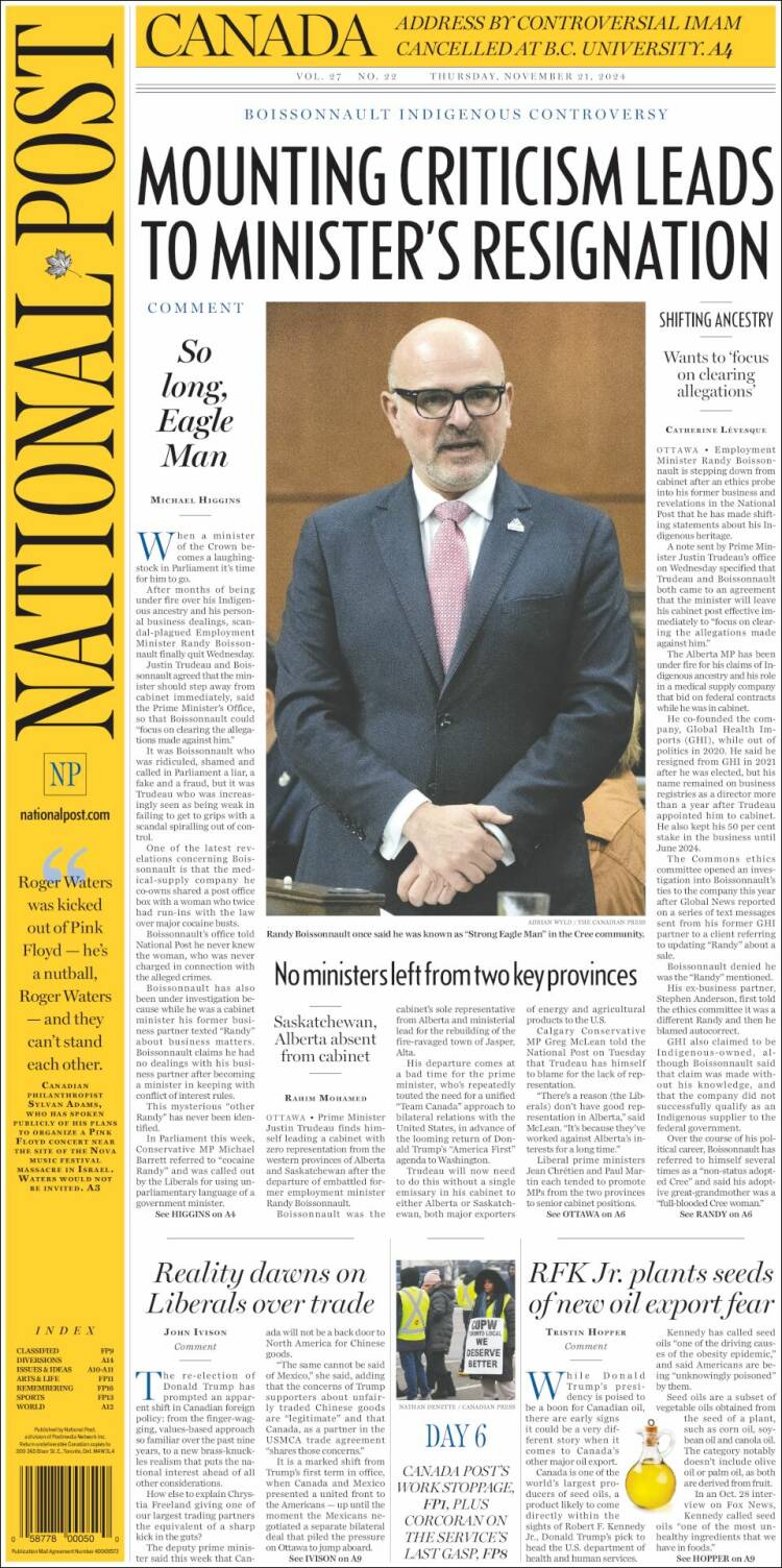 Portada de The National Post (Canada)