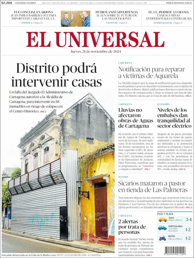 Portada de El Universal (Colombia)