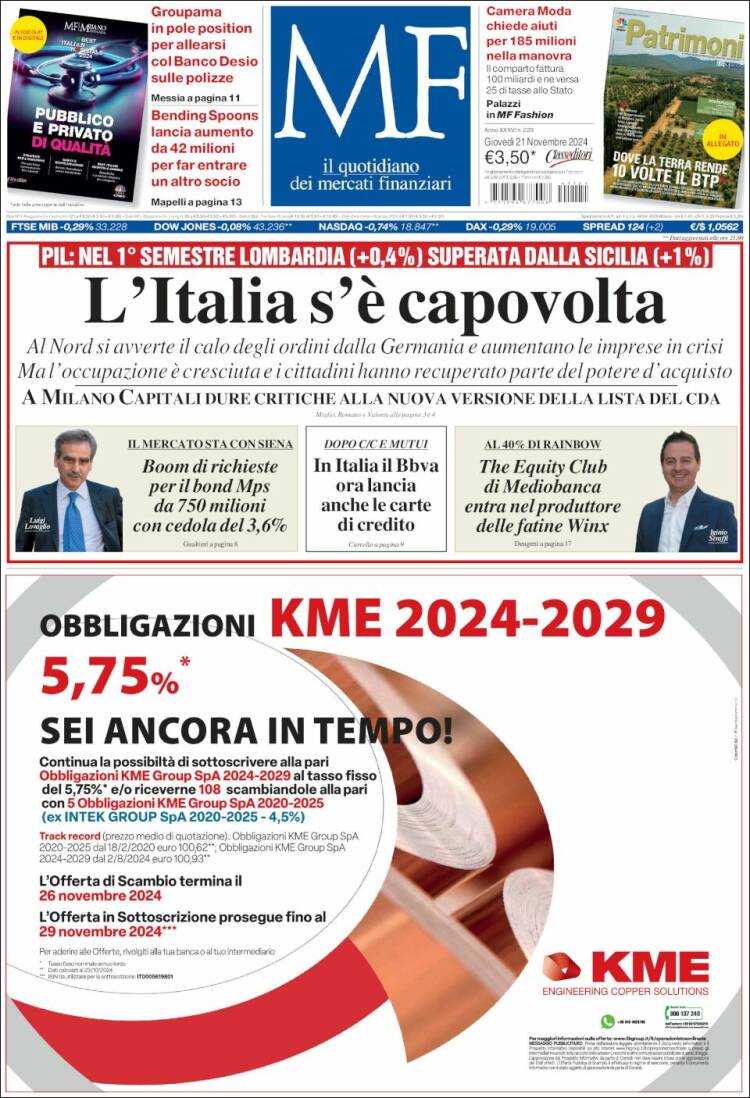 Portada de Milano Finanza (Italia)