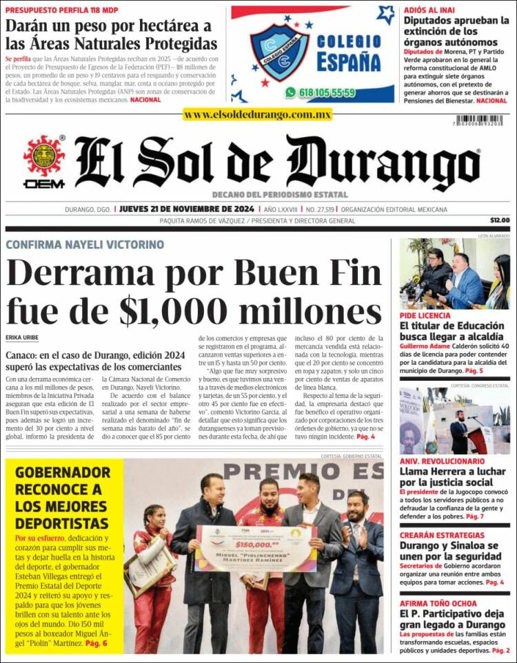 Portada de El Sol de Durango (Mexique)