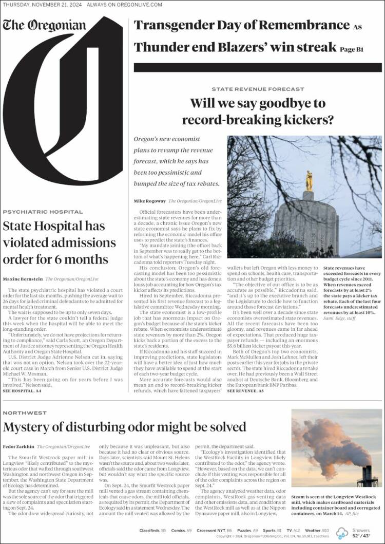 Portada de The Oregonian (USA)