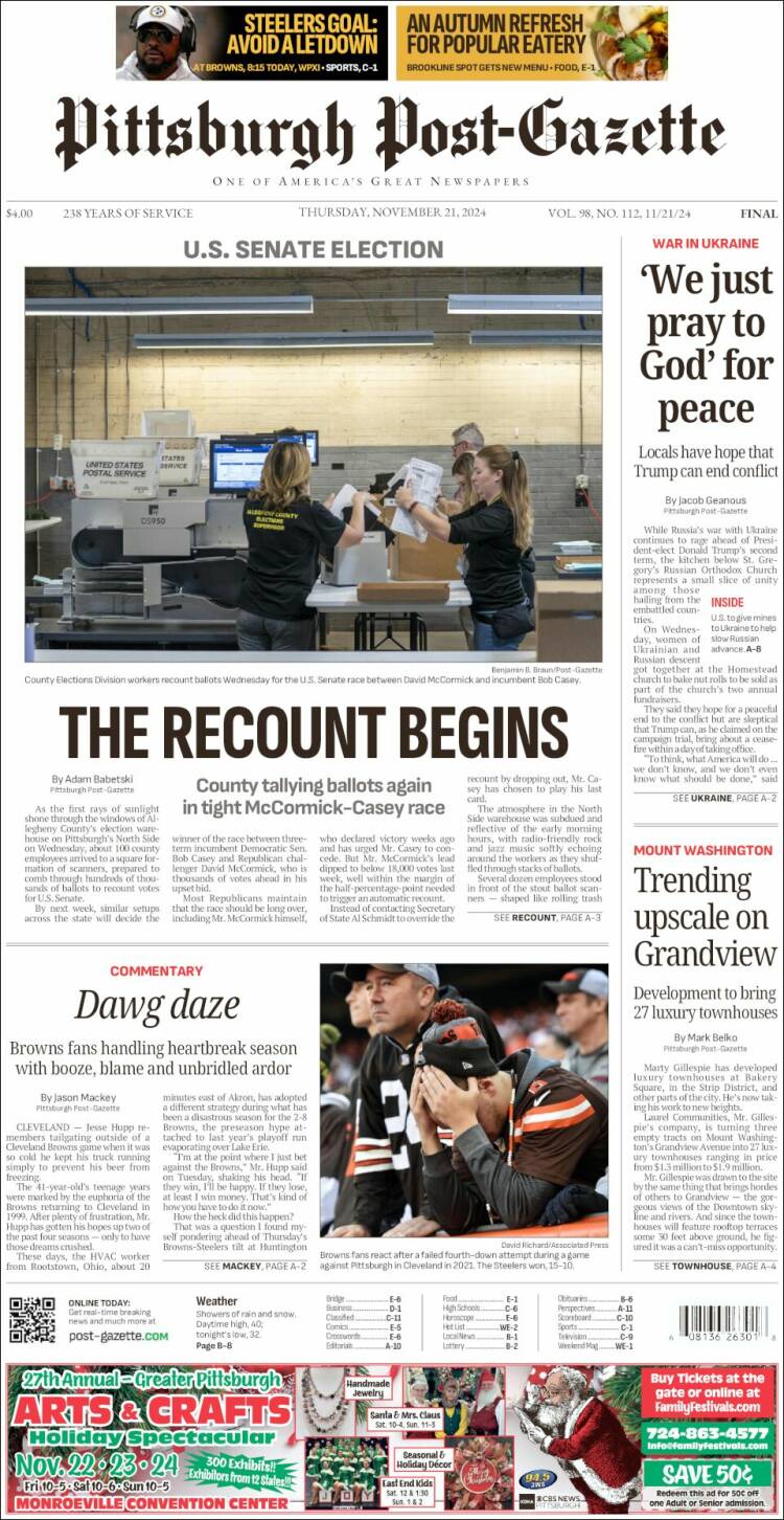 Portada de Pittsburgh Post-Gazette (USA)