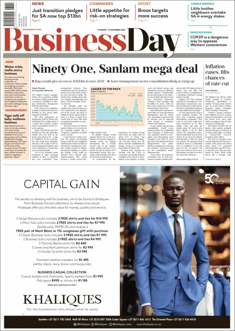 Portada de Business Day (Sudáfrica)