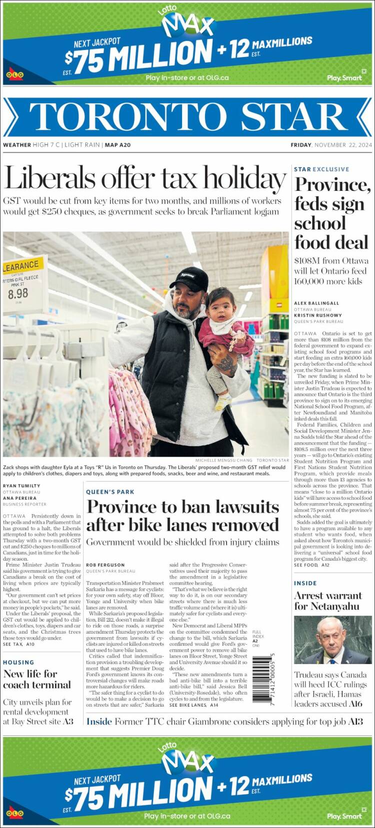 Portada de The Toronto Star (Canadá)