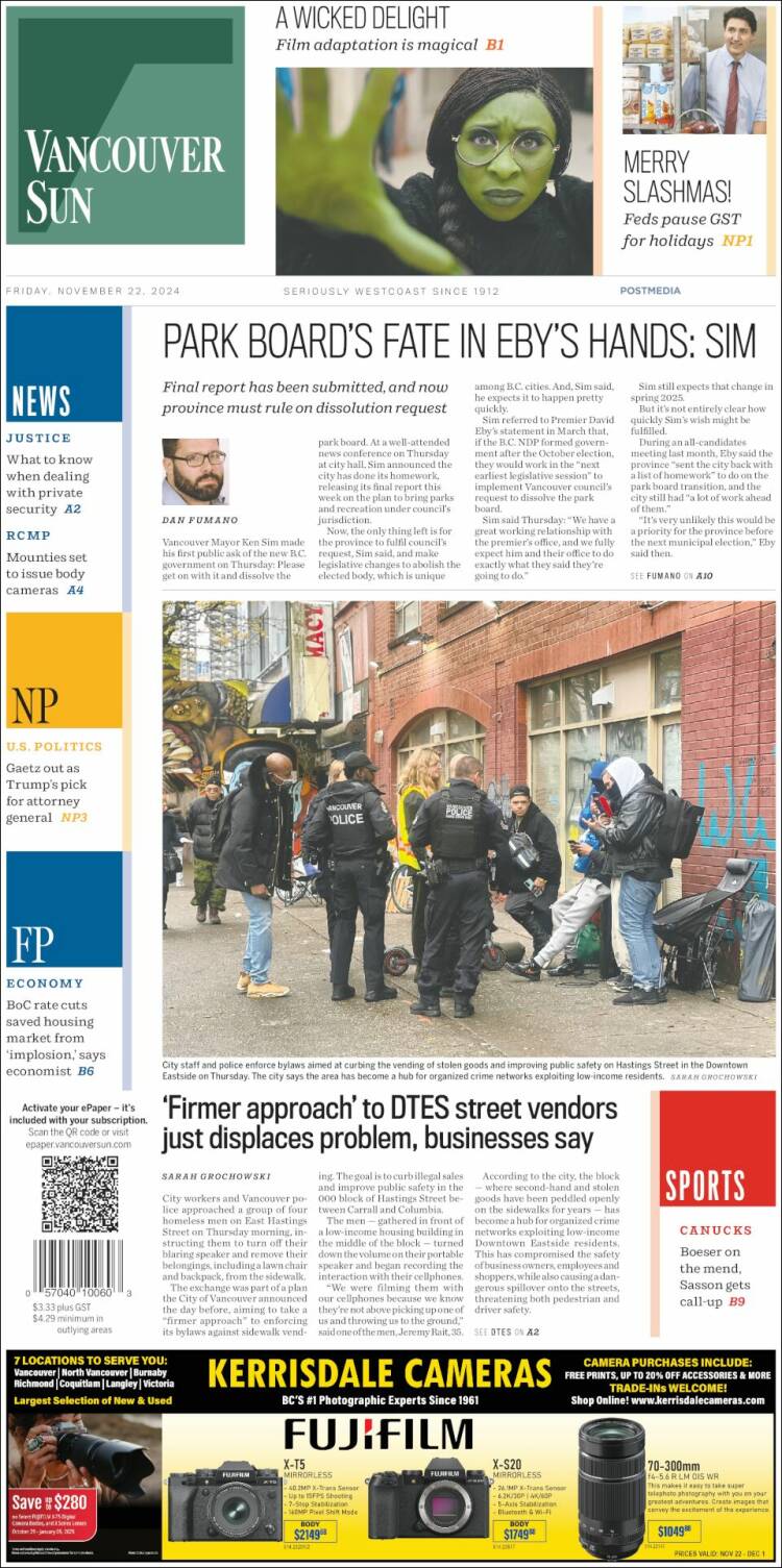 Portada de The Vancouver Sun (Canadá)