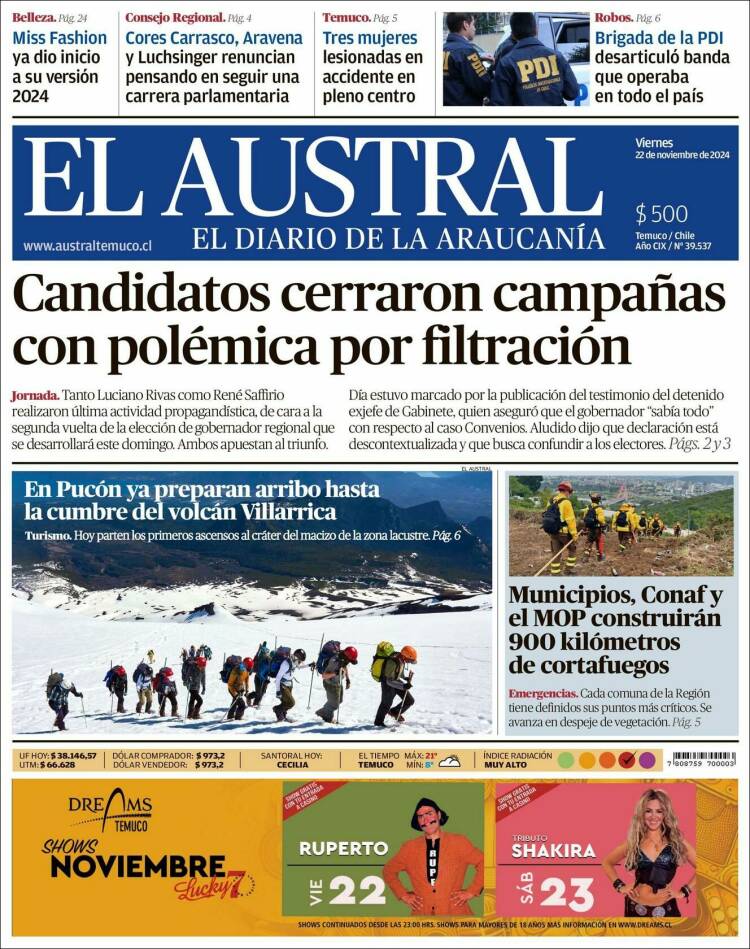 Portada de El Austral de Temuco (Chile)