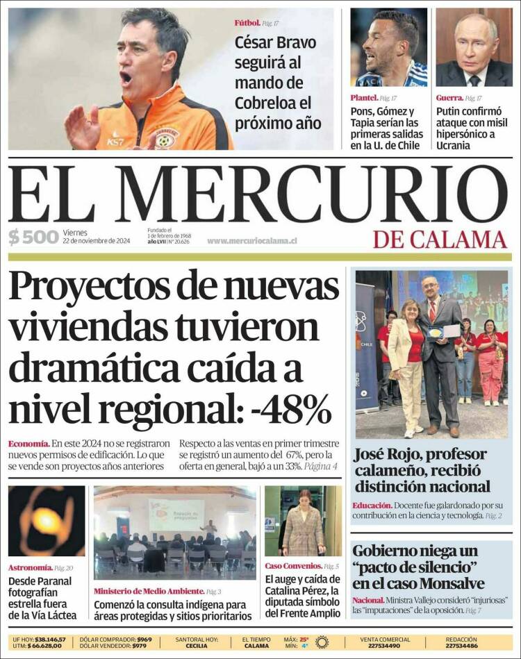 Portada de El Mercurio - Calama (Chile)