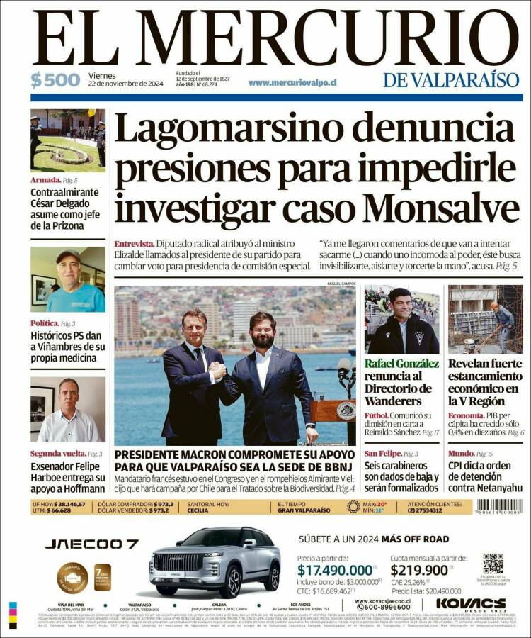 Portada de Mercurio de Valparaiso (Chile)