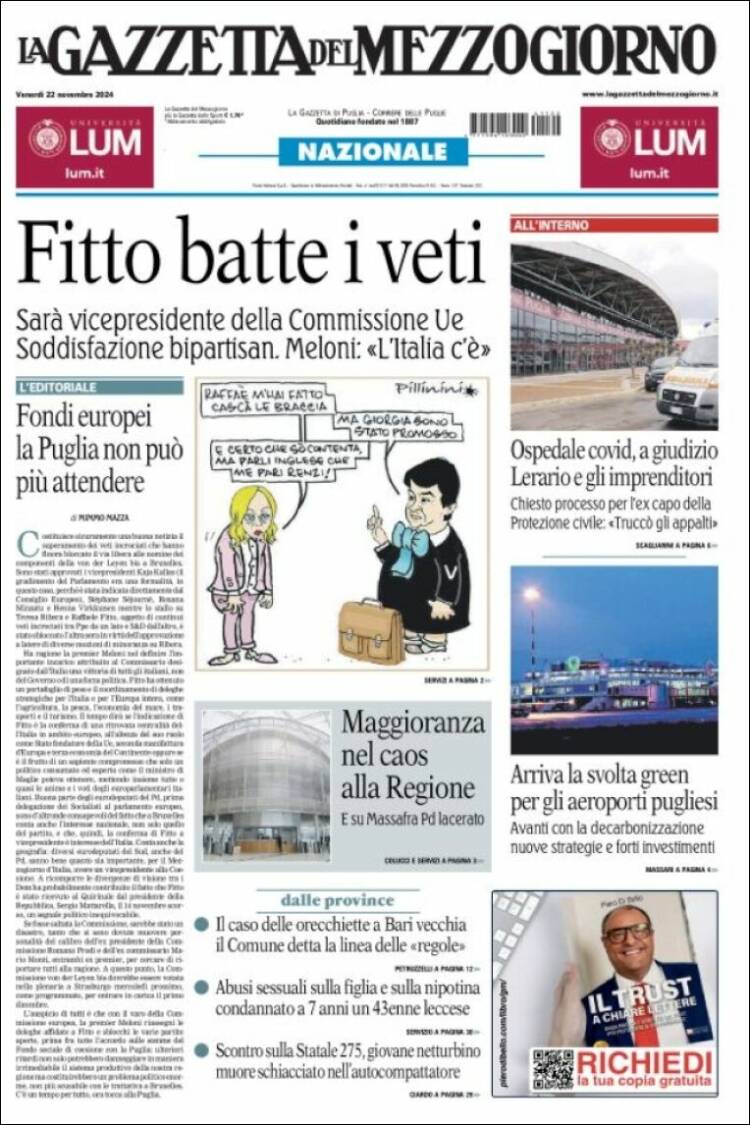 Portada de La Gazzetta del Mezzogiorno (Italia)